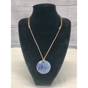 Blue/White Swirl Patterned Handmade Round Pendant with adjustable leather cord